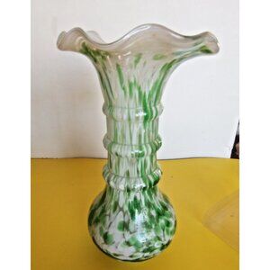 Vintage Murano Green & White Art Glass Hand blown ribbed mottled design vase 8"